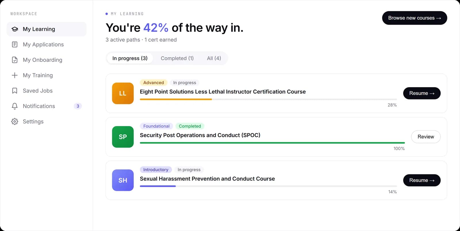 Workspace preview, My Learning dashboard